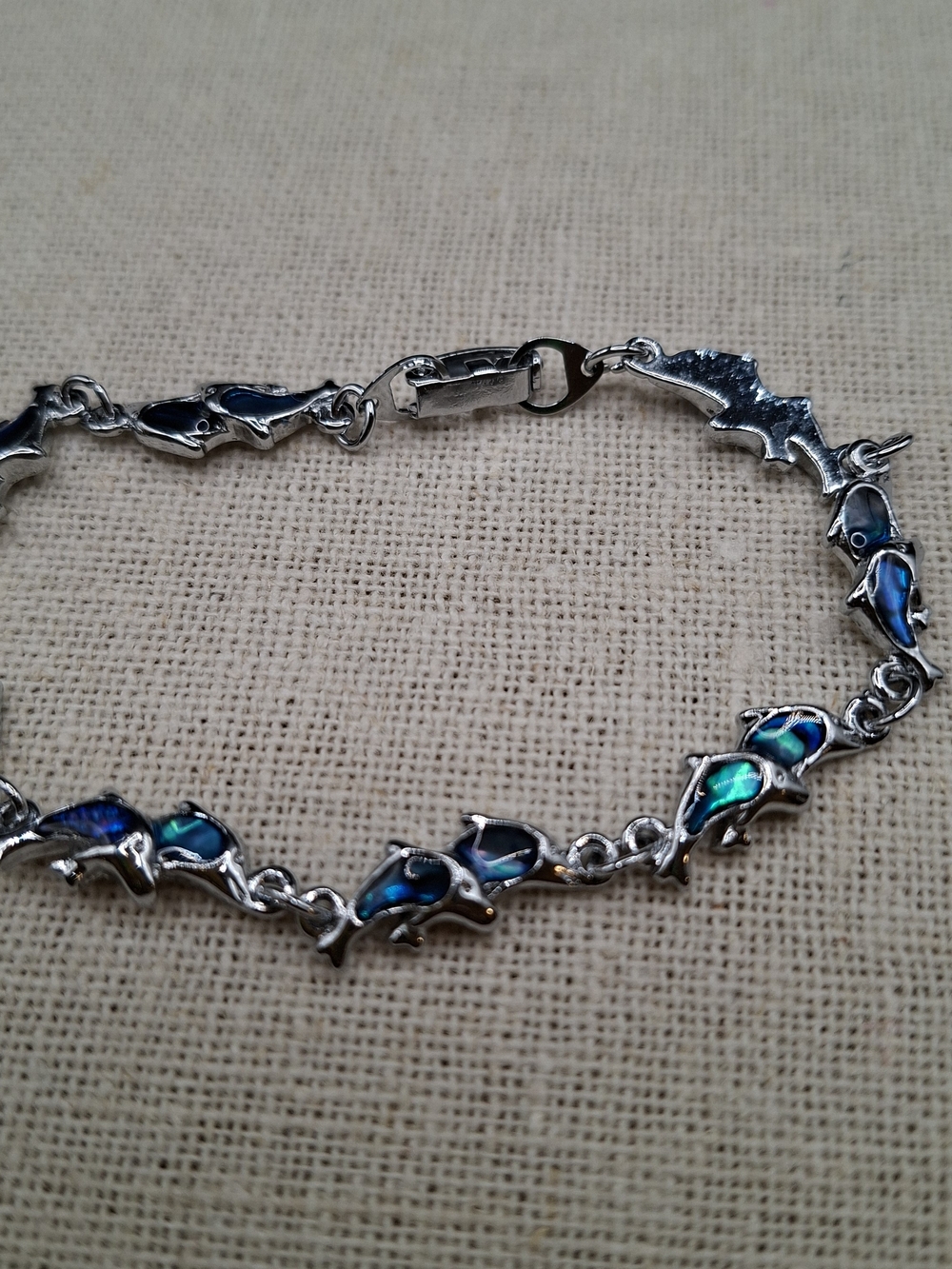 Silver Tone Dolphin Link Bracelet with Blue-Green Abalone Inlay
